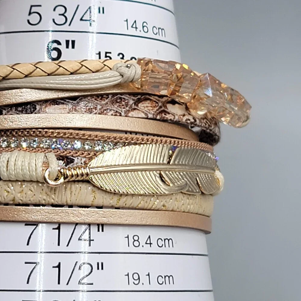 Wrap Bracelet Gold tone Tan Faux Leather Feather Charm Crystal Beads 6.5" - Picture 8 of 8